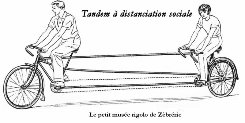 « Tandem à distanciation sociale » image créée par Zèbréric objet rigolo du dimanche N*303 du #PetitMuséeRigolo #Zèbréric #distanciationsociale #coronavirus #COVID2019france #Tandem #velo